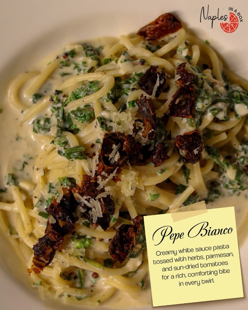 Pepe Bianco creamy pasta with sun-dried tomatoes and parmesan at Naples in a Box